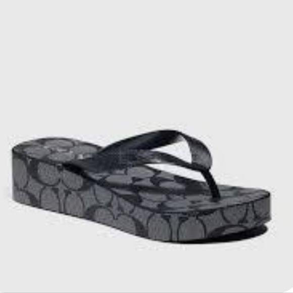 NWT Coach Black/Black Signature Logo Wedge Flip Flops, Sz 10B (US) - Picture 1 of 9